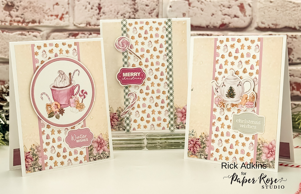 Three festive greeting cards with Christmas-themed designs: hot chocolate, candy canes, teapot, poinsettias, and text like Merry Christmas.