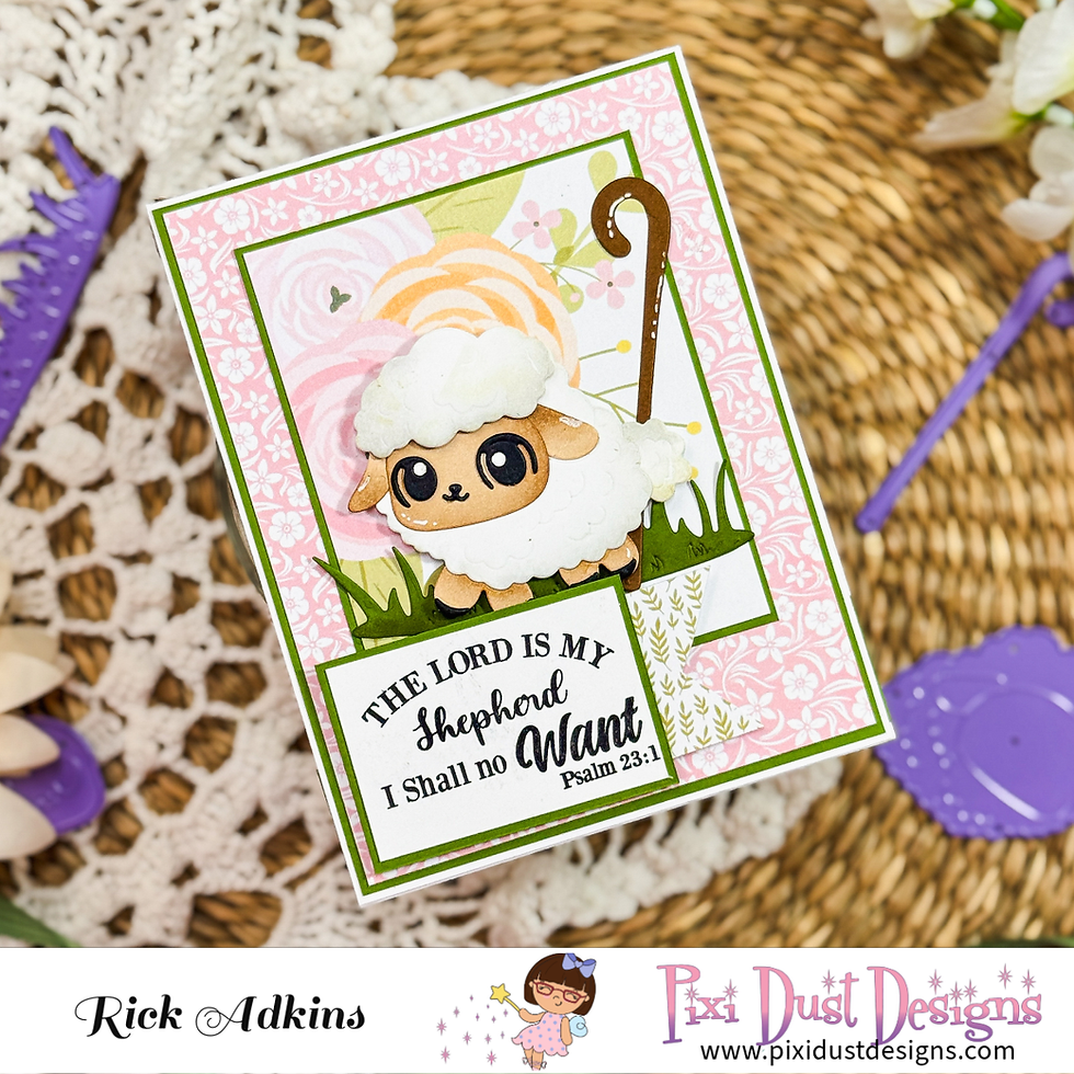 Handmade card with a cute sheep and shepherd’s crook on pink floral paper; text reads The Lord is my Shepherd, Psalm 23:1.