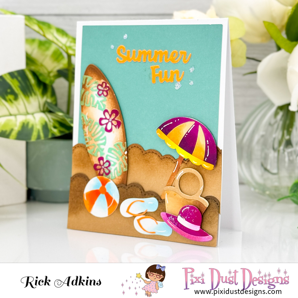 A colorful card with a beach theme: surfboard, umbrella, and beach ball. Text reads "Summer Fun." Aqua background, brown sand design.