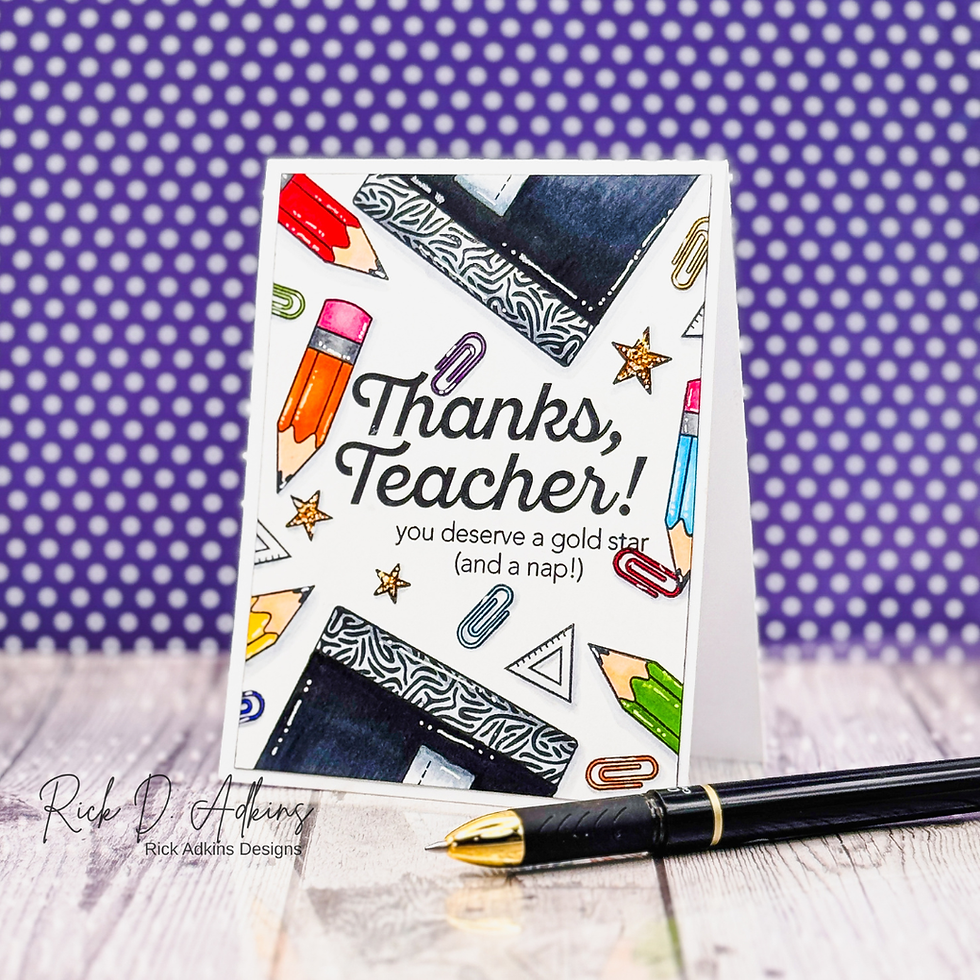 Handmade thank-you card for teacher reads Thanks, Teacher! you deserve a gold star (and a nap!), beside a black pen.