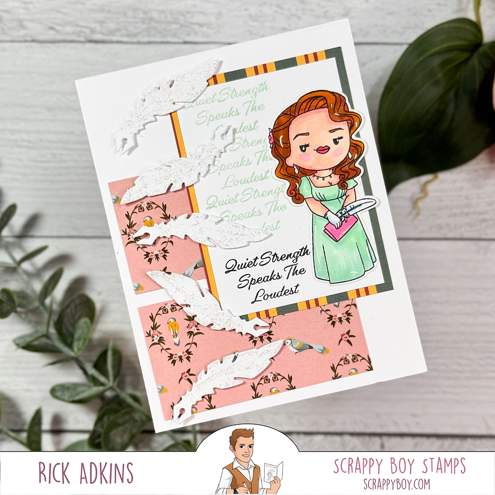 Cartoon woman in green dress holding a book on a card with feathers. Text: "Quiet Strength Speaks The Loudest." Pink floral background.