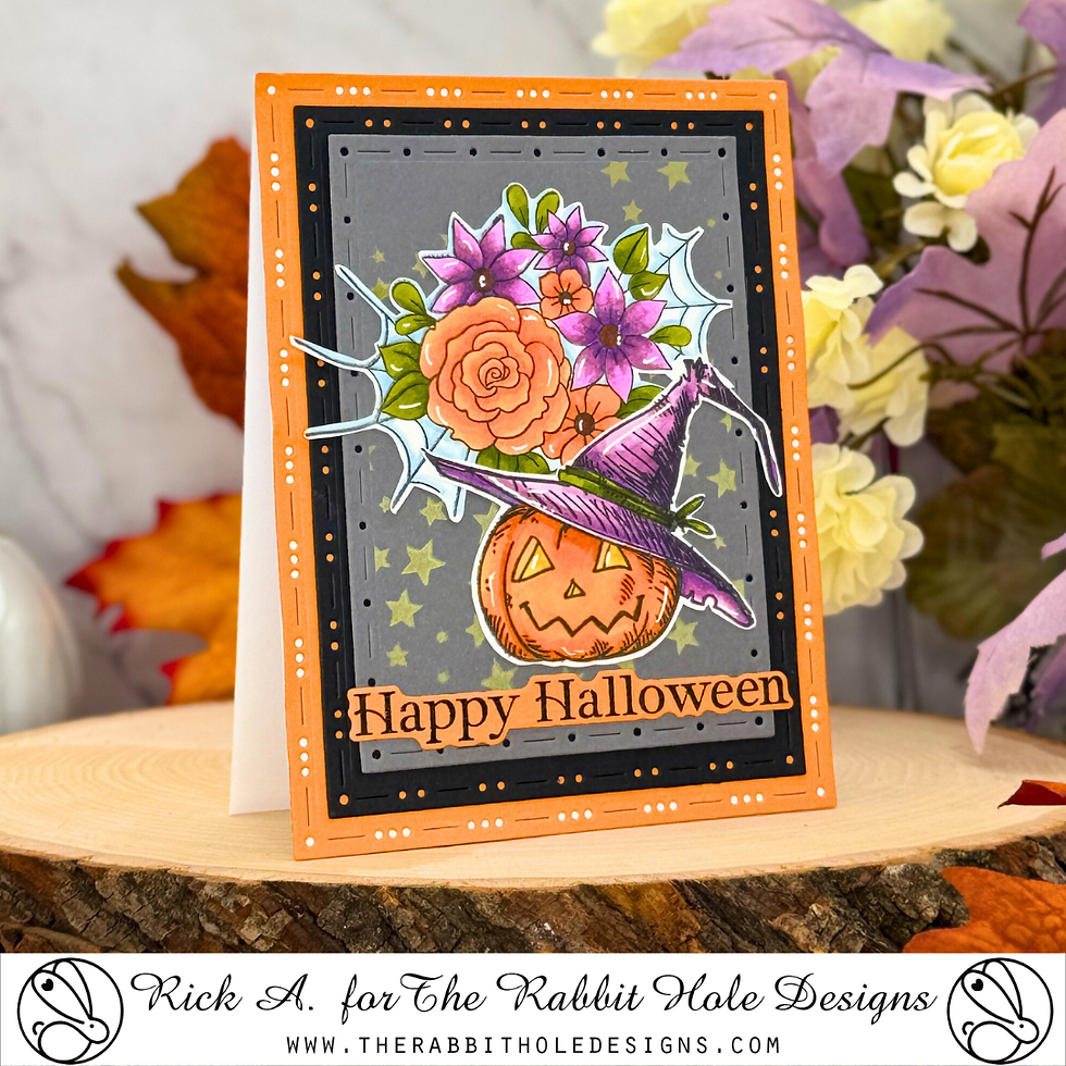 Halloween card with a jack-o'-lantern wearing a witch hat, surrounded by flowers. Text reads "Happy Halloween" on an orange and gray background.