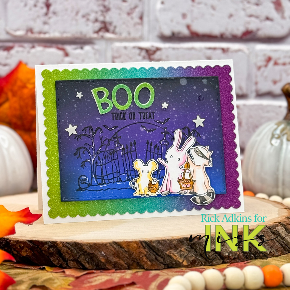 Cartoon animals in Halloween costumes stand before a spooky gate on a greeting card. Text reads "BOO Trick or Treat." Colorful border.