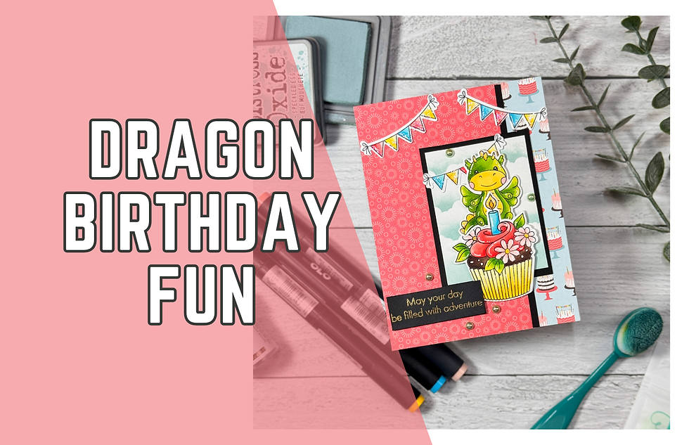 Colorful birthday card with a cute dragon on a cupcake, set against a festive banner pattern. Text: "May your day be filled with adventure."
