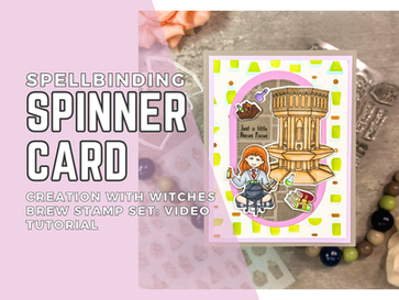 Card featuring a red-haired witch with a cauldron, books, and potions. Text: "Just a little Hocus Pocus." Pink and green patterns.