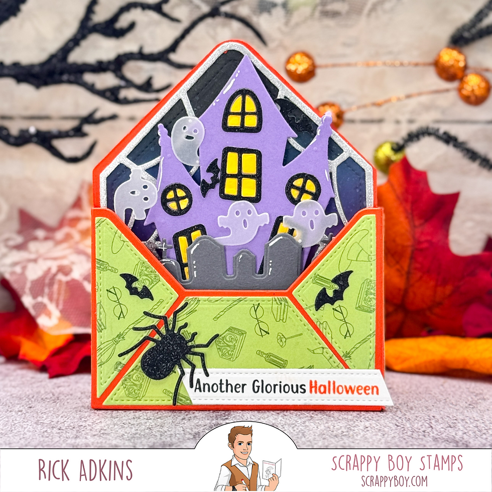 Halloween card with ghosts and a haunted house in an orange envelope. Text reads "Another Glorious Halloween." Background has fall leaves.