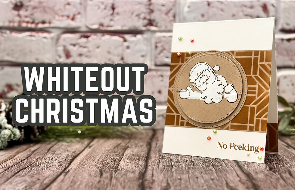 Christmas card with Santa on a brown and white design against a rustic wood background. Text reads "Whiteout Christmas" and "No Peeking."