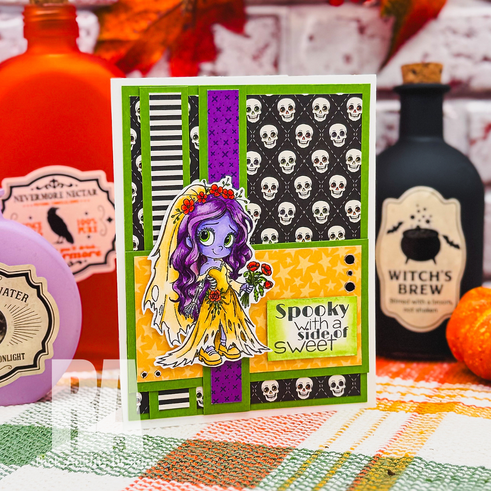 Spooky handmade Halloween card with skull and stripe patterns, a purple witch girl, and text Spooky with a side of sweet.