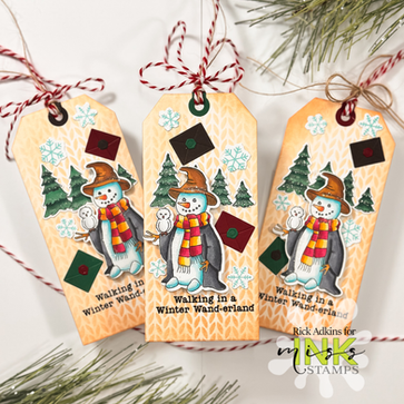 Snow Wizard Holiday Gift Tags with Miss Ink Stamps | Stenciled Backgrounds + Die Cuts