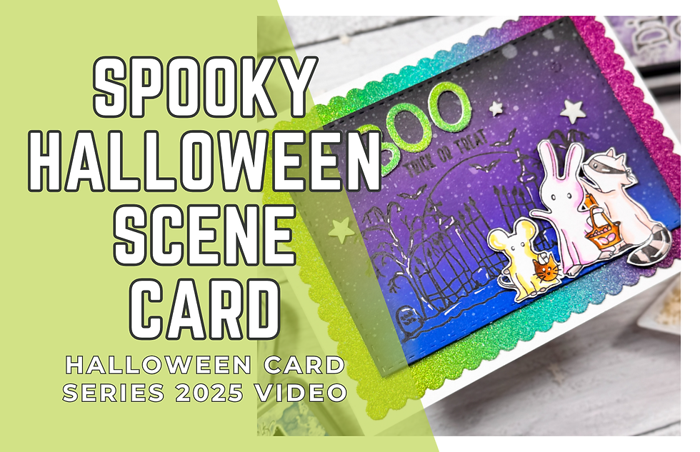 Halloween card featuring a raccoon, bunny, and mouse with a pumpkin against a starry, spooky background. Text reads "Spooky Halloween Scene Card".