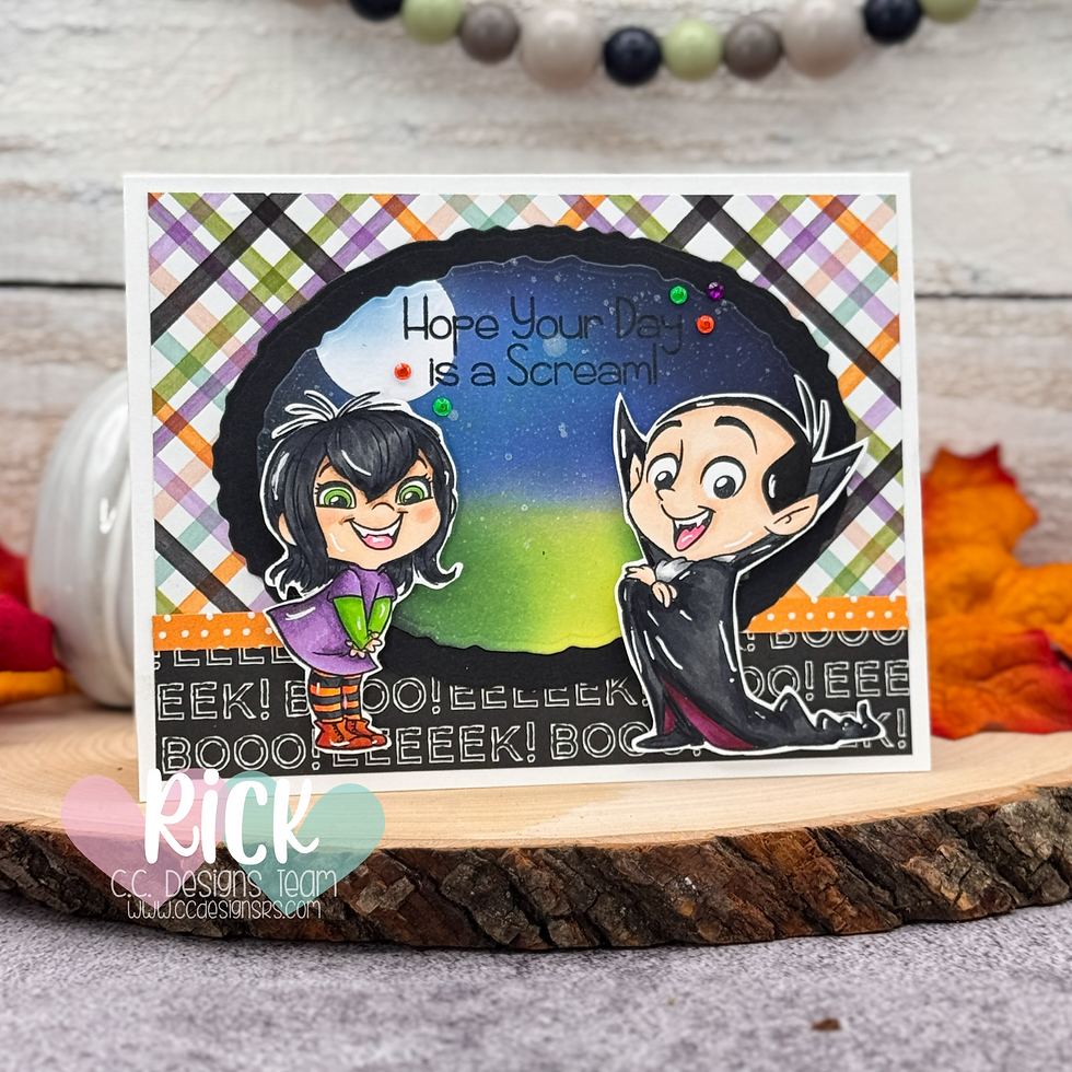 Cartoon children in costumes, one as a witch, one as a vampire. Background has "Hope Your Day is a Scream!" text and colorful plaid pattern.