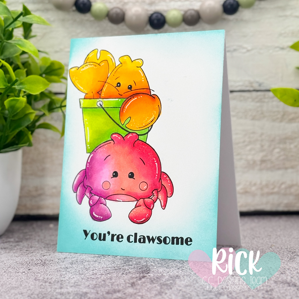 Cute cartoon crabs, one orange in a green bucket, one red below, on a card. Text reads "You're clawsome". Plants and beads decorate.