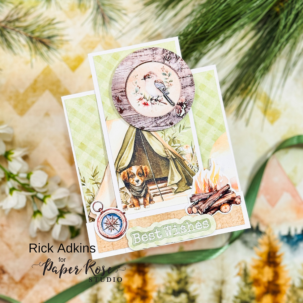 Handmade camping card with puppy, tent, campfire, compass, and bird badge; text says Best Wishes.