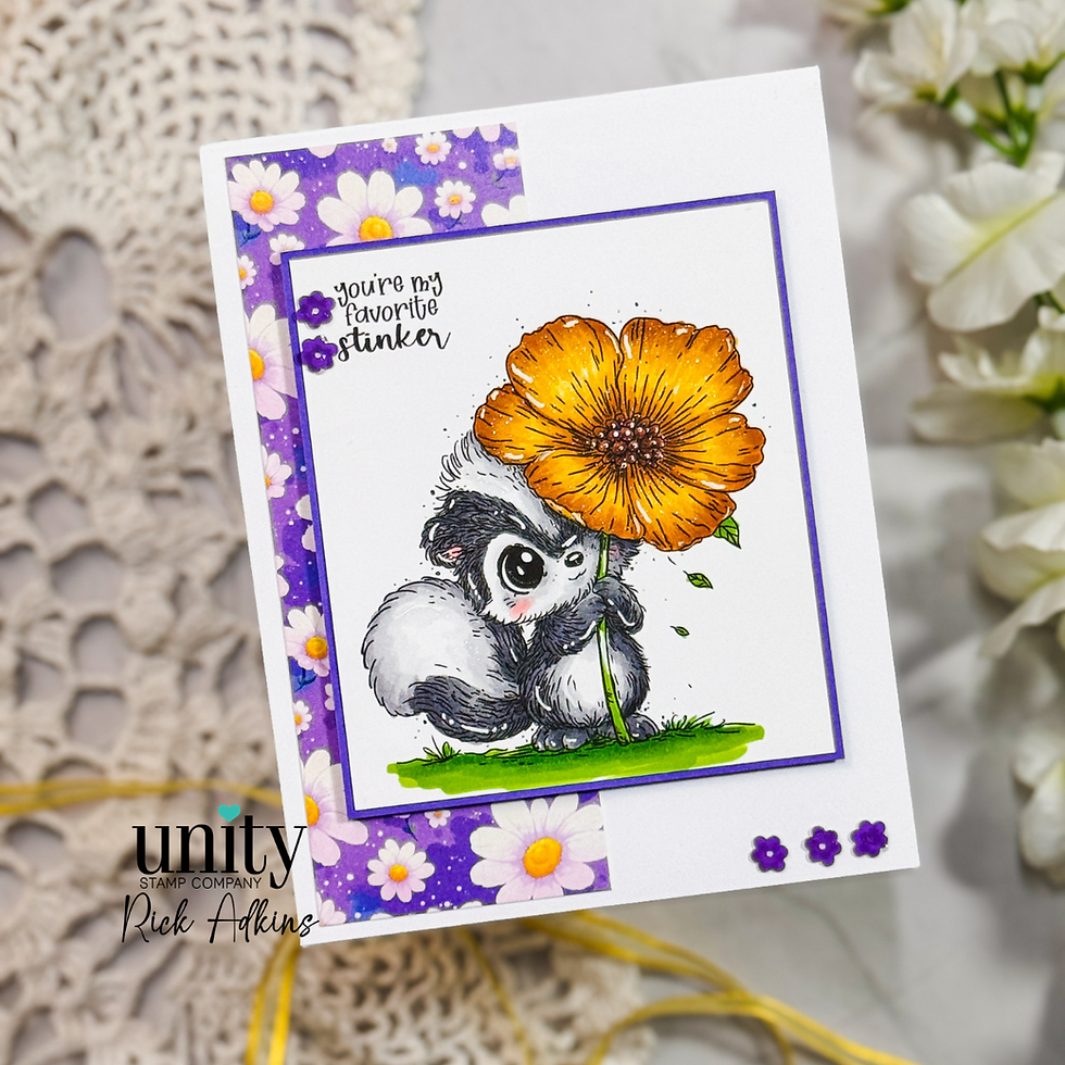 A cute skunk holding a large orange flower on a card with purple and floral patterns. Text reads "You’re my favorite stinker." Cheerful mood.