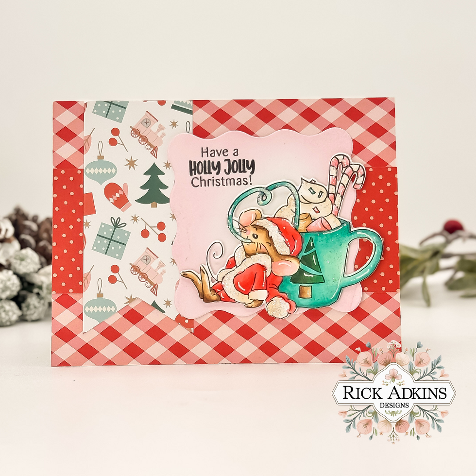 Christmas card with a mouse in a Santa outfit resting against a mug of candy canes. Background has festive patterns. Text: "Have a Holly Jolly Christmas!"