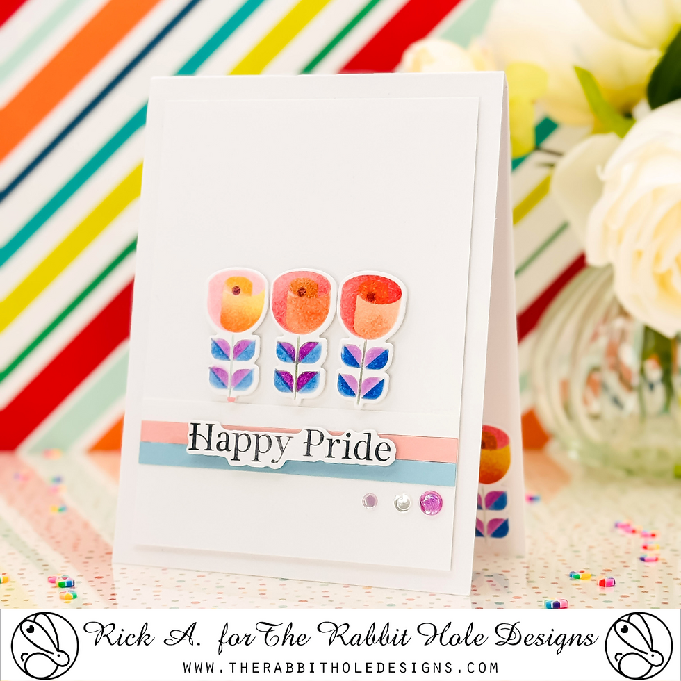 Greeting card with colorful flowers and "Happy Pride" text. Set against a vibrant striped background. Festive and cheerful mood.