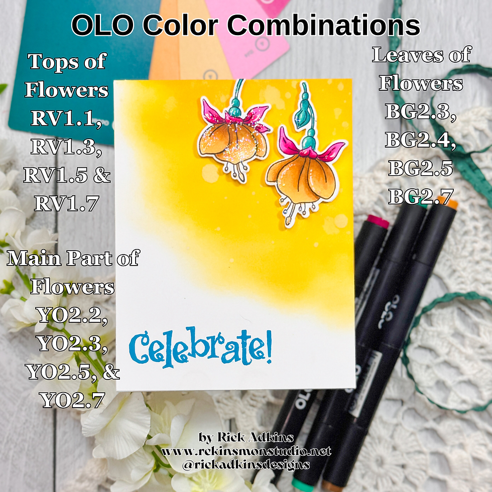 A handmade card with colorful flowers and "Celebrate!" text. Includes color guides for different flower parts. Pens and flowers in the background.