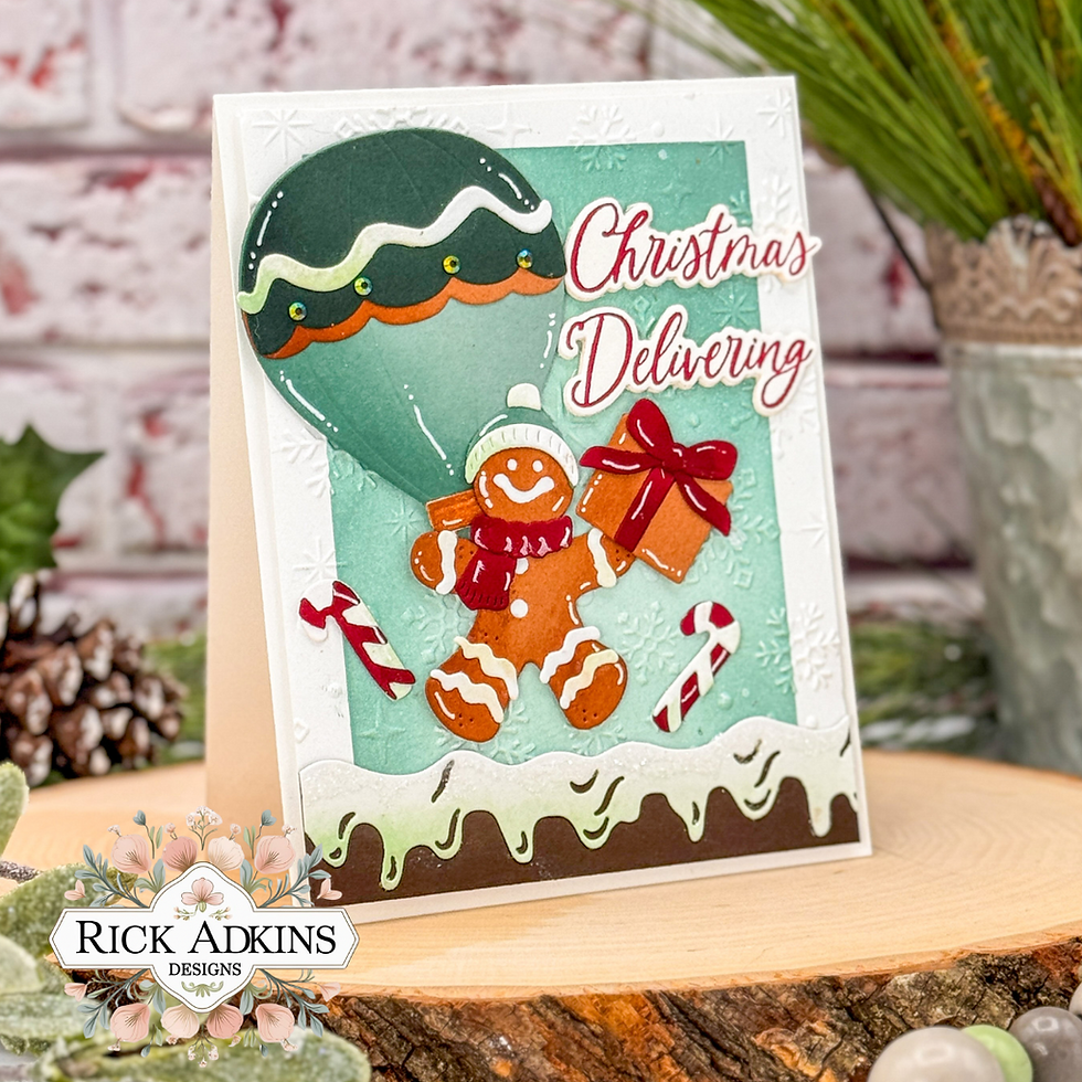 Festive card with gingerbread man delivering gifts, holding a red present. Text reads "Christmas Delivering". Background has candy canes.