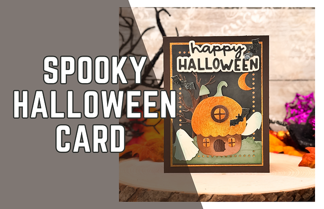Halloween card featuring a pumpkin house, bats, and ghosts. Text reads "happy Halloween." Spooky autumn decor in background.