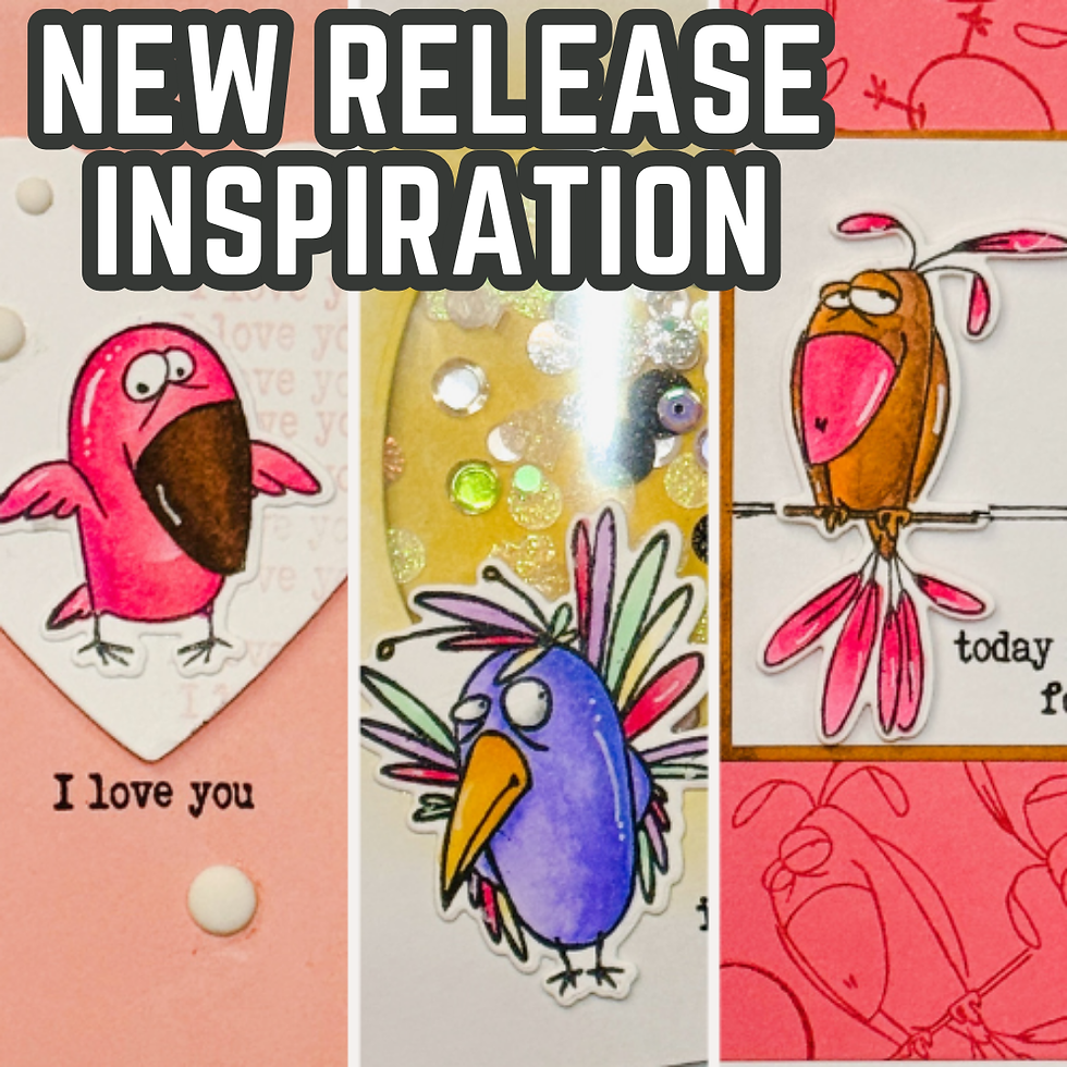 Colorful cartoon birds on a vibrant background, with playful expressions. Text reads "NEW RELEASE INSPIRATION," "I love you," "today."