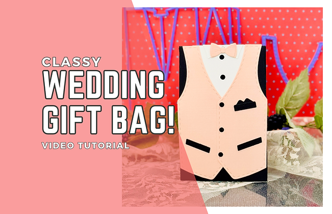 Wedding gift bag shaped like a tuxedo with peach vest on lace fabric. Red polka-dot background. Text: Classy Wedding Gift Bag! Video Tutorial.