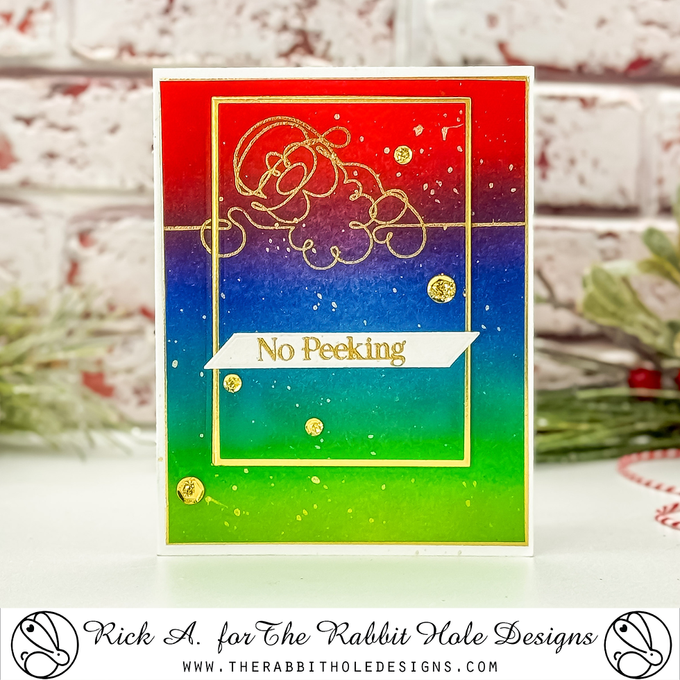 Festive card with "No Peeking" text, features Santa outline on a red, blue, and green gradient background. Gold accents add a cheerful touch.