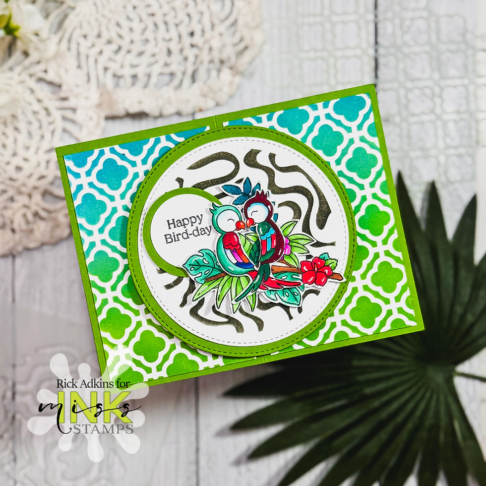 Green birthday card with two colorful birds and Happy Bird-day text on a patterned teal and white background.