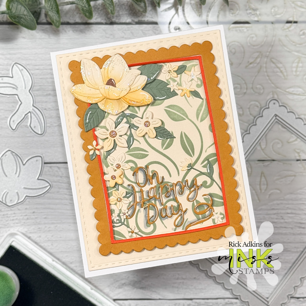 Floral-themed card with scalloped border, featuring yellow flower and greenery. Text reads "Oh Happy Day." Background has faint floral patterns.