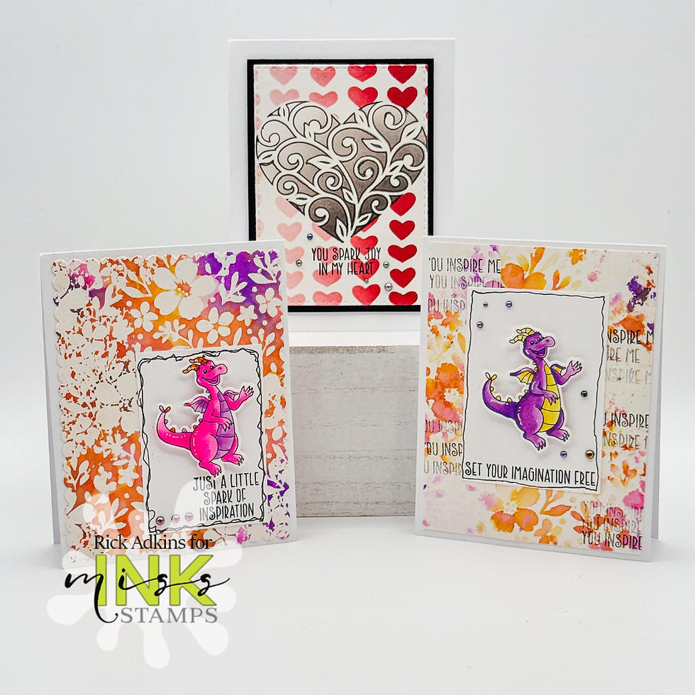 Three colorful greeting cards with dragon illustrations and heart patterns. Text includes "You Spark Joy" and "Set Your Imagination Free."