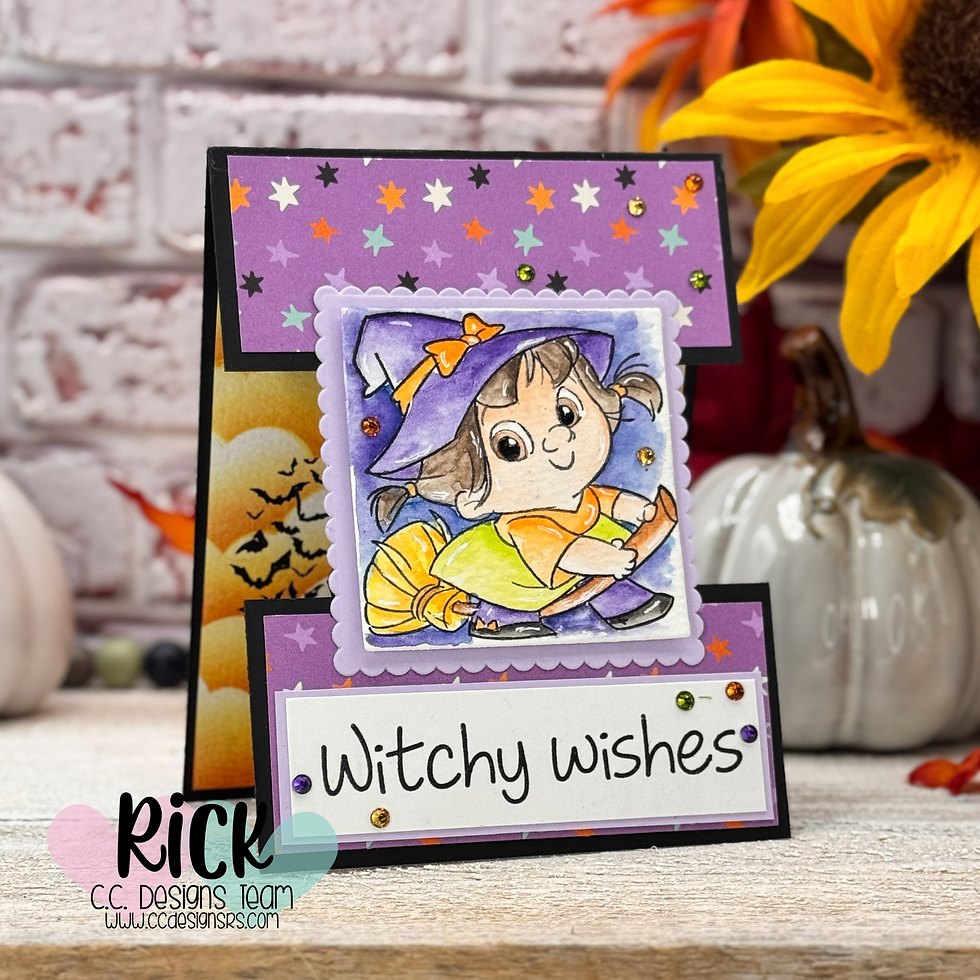 Card with child in witch costume on a broom. Purple starry background, text "Witchy Wishes." Sunflower, pumpkin decor nearby. Playful mood.