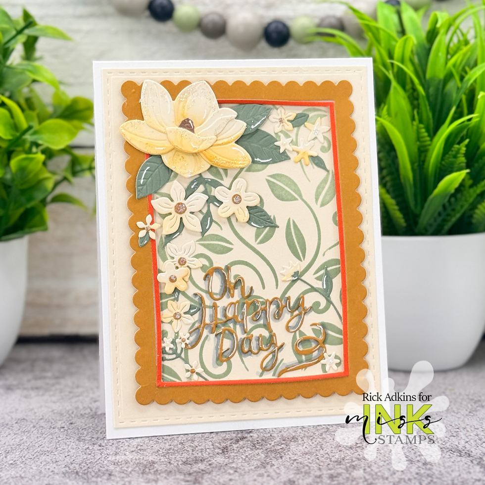 Floral card with "Oh Happy Day" text, featuring yellow and white flowers on leafy background. Framed in orange, set against plants.