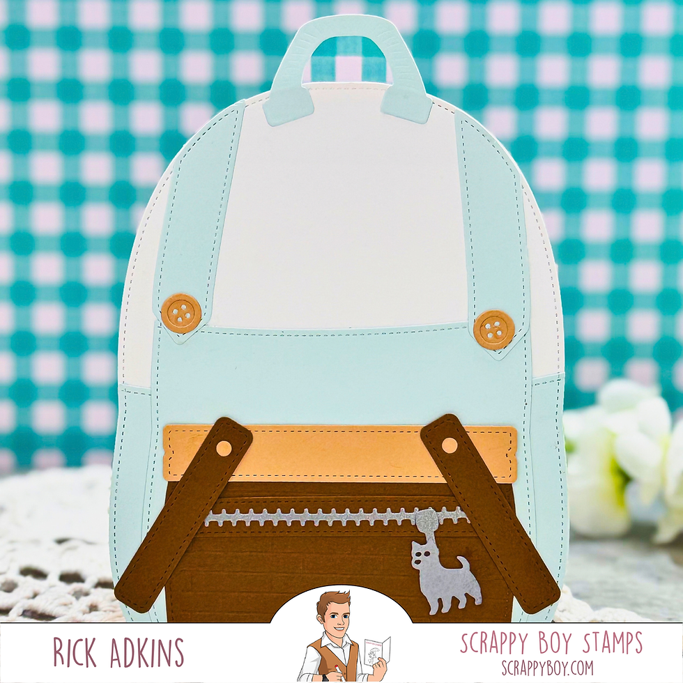 Pastel paper backpack craft with straps and buttons on a teal gingham background; bottom banner reads Rick Adkins and Scrappy Boy Stamps