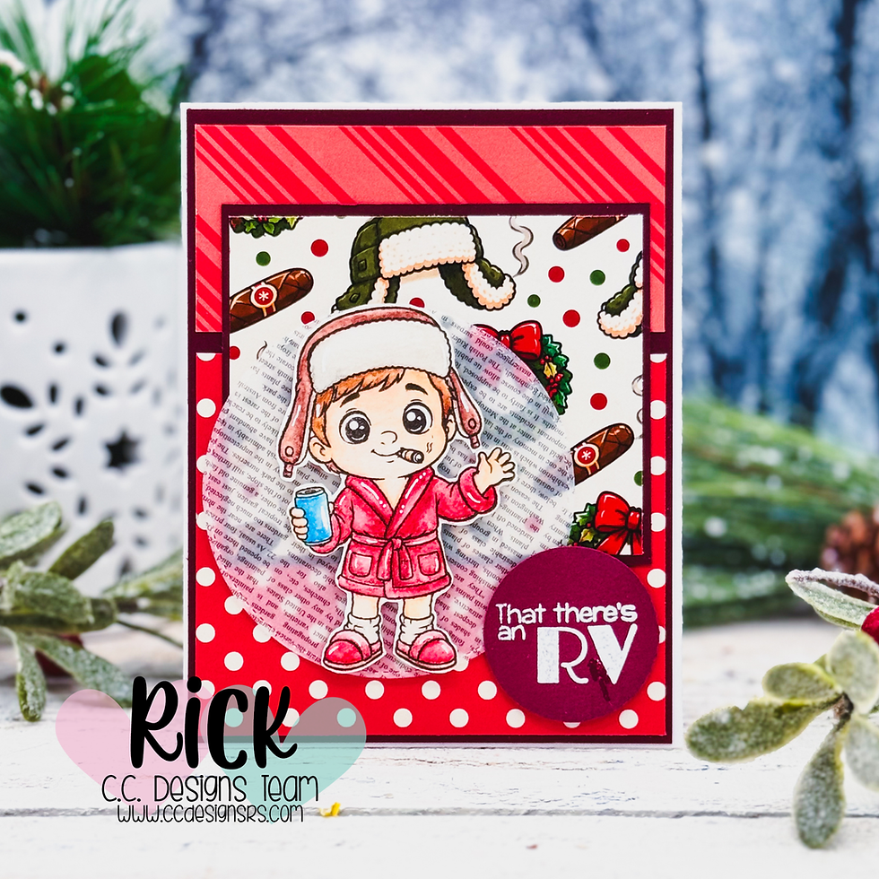 Holiday card with a smiling child in a pink robe and trapper hat, holding a drink, with RV text and red polka-dot accents.