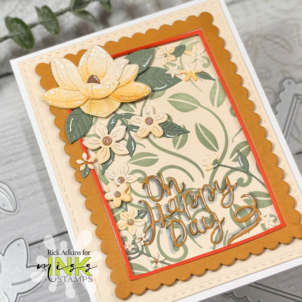 Greeting card with yellow flowers and green leaves. Text reads "Oh Happy Day" on a beige background with orange border. Artistic design.