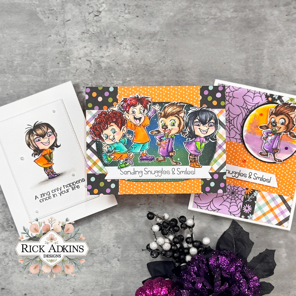 Illustrated cards with cartoon kids, one card says "Sending Snuggles & Smiles!" Vibrant colors and patterns, set on a gray surface.