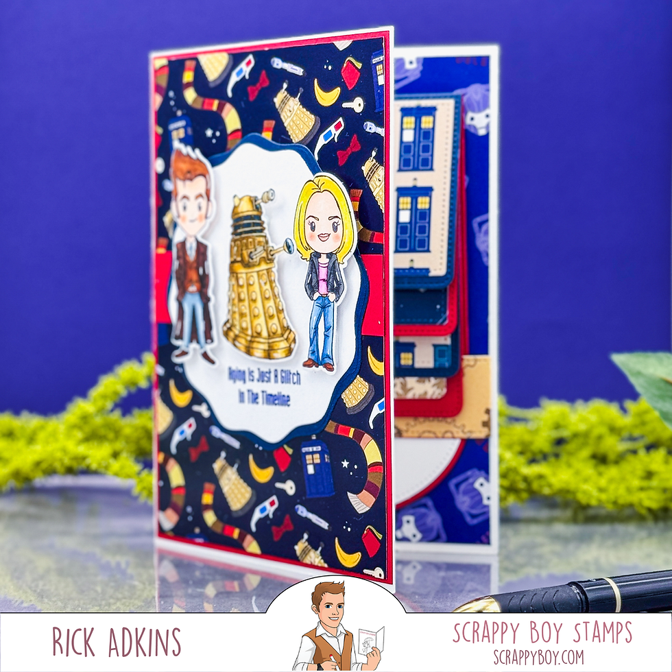 Colorful Doctor Who-themed handmade card with a cartoon man, woman and Dalek; text reads Nipping is Just a Glitch in the Timeline.