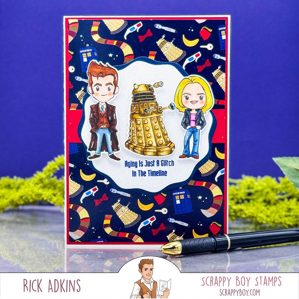 Doctor Who-themed card with cartoon man, woman and Dalek; reads Aging Is Just A Glitch In The Timeline, on blue patterned background.
