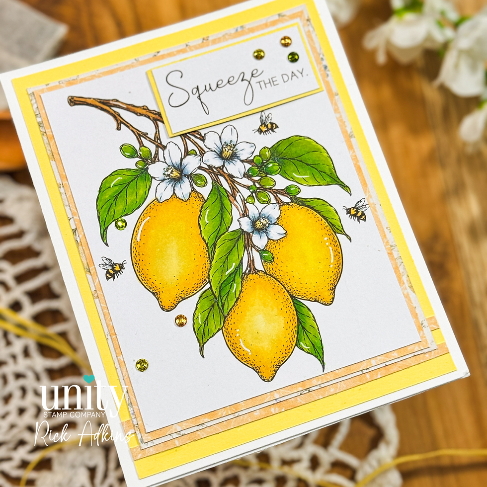 Handmade greeting card with lemons, white blossoms and bees; text says Squeeze the Day, accented with yellow and green gems.