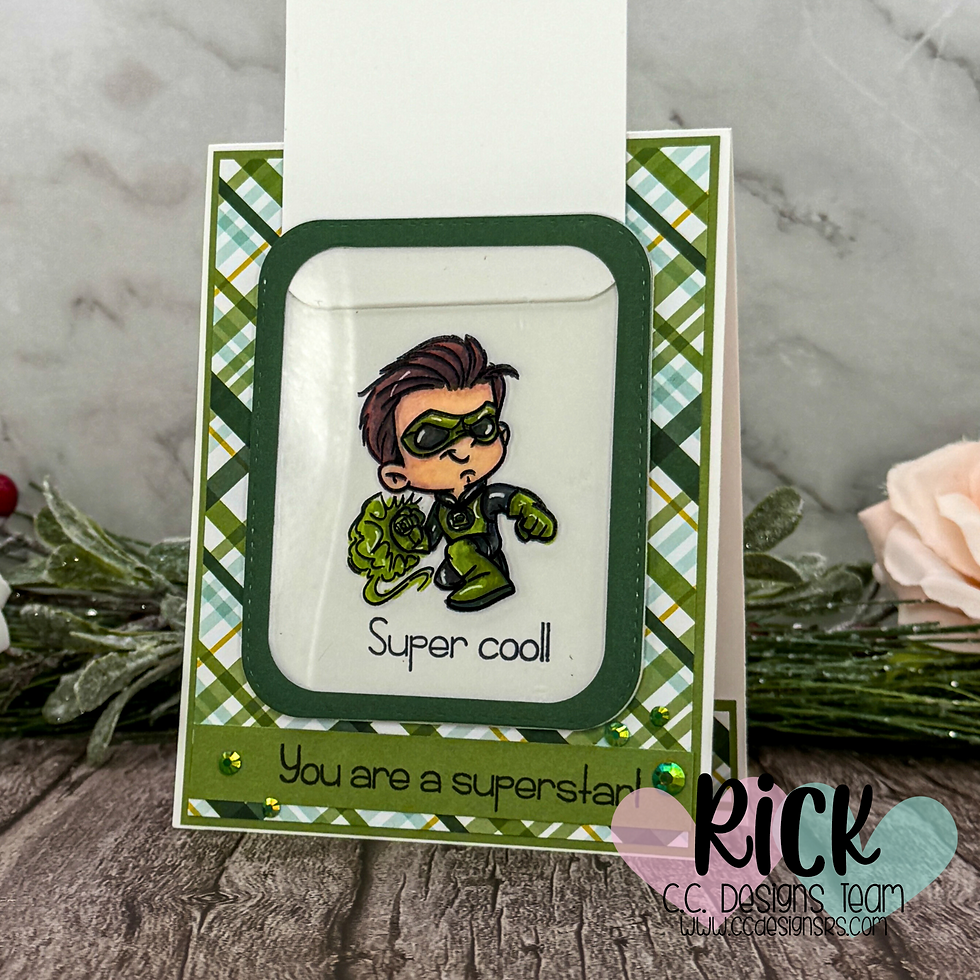 Card with a cartoon hero in green costume saying "Super cool!" on plaid background. Text below reads "You are a superstar!" Decorated with gems.