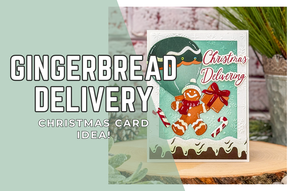 Gingerbread man with gifts on Christmas card. Text: "Gingerbread Delivery, Christmas Card Idea!" Green, snowflakes, festive mood.