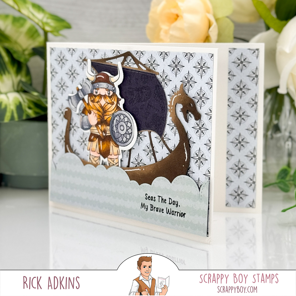 Card with Viking in ship, patterned background, text "Seas The Day, My Brave Warrior." Floral decor, calm mood.