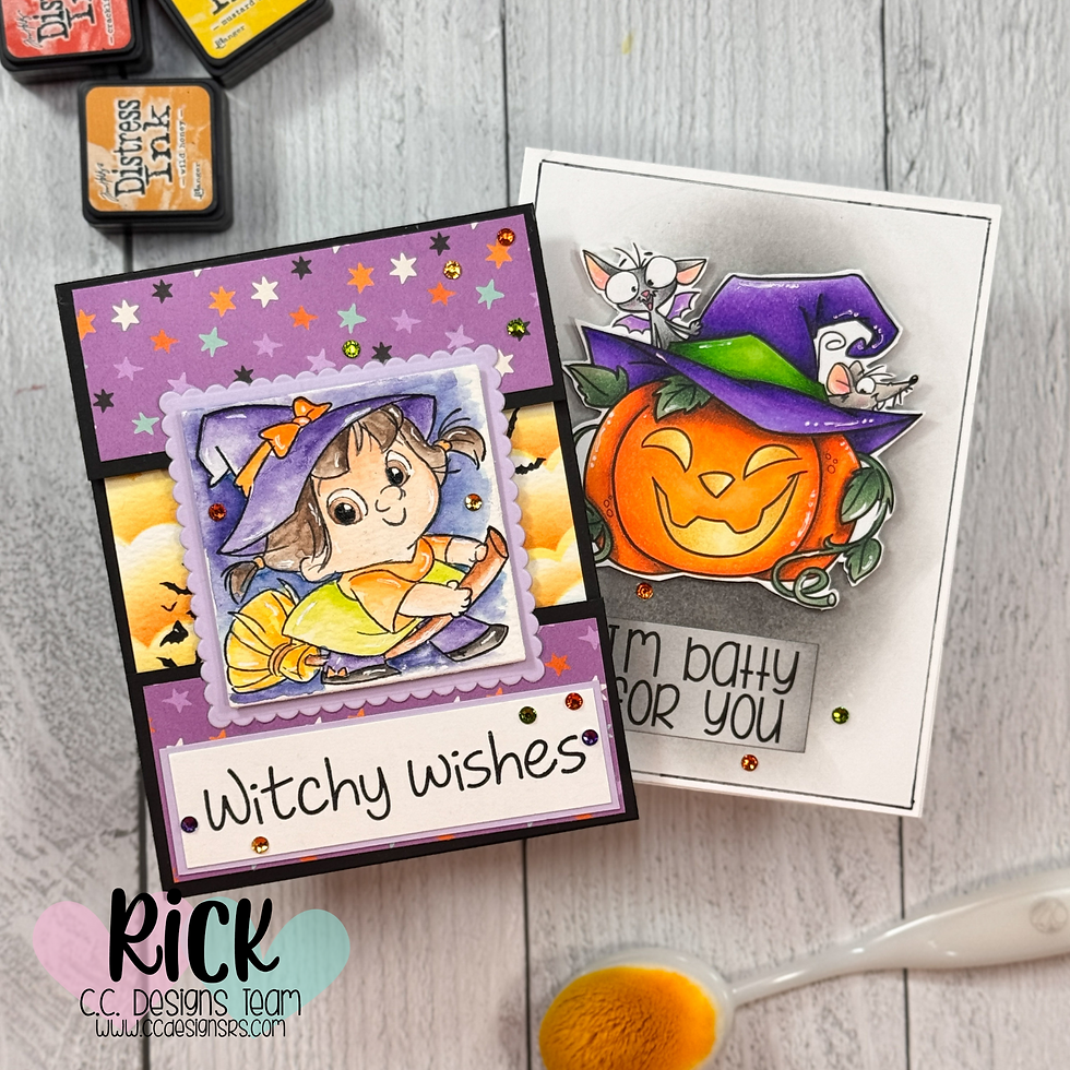 Purple card with a witch stamped image and "Witchy Wishes" text, pumpkin card with bats and "I'm batty for you" text, on a wooden surface.