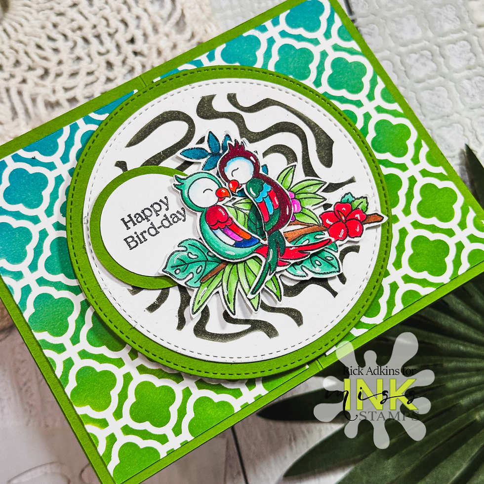 Colorful handmade card with two birds and Happy Bird-day text, green patterned circles, and Rick Adkins for INK Stamps watermark.