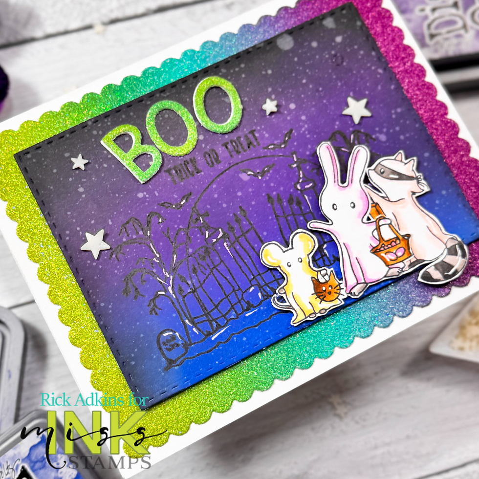 Cartoon bunny, mouse, and raccoon trick-or-treating on a purple gradient card with "BOO Trick or Treat" text, stars, and glittery border.