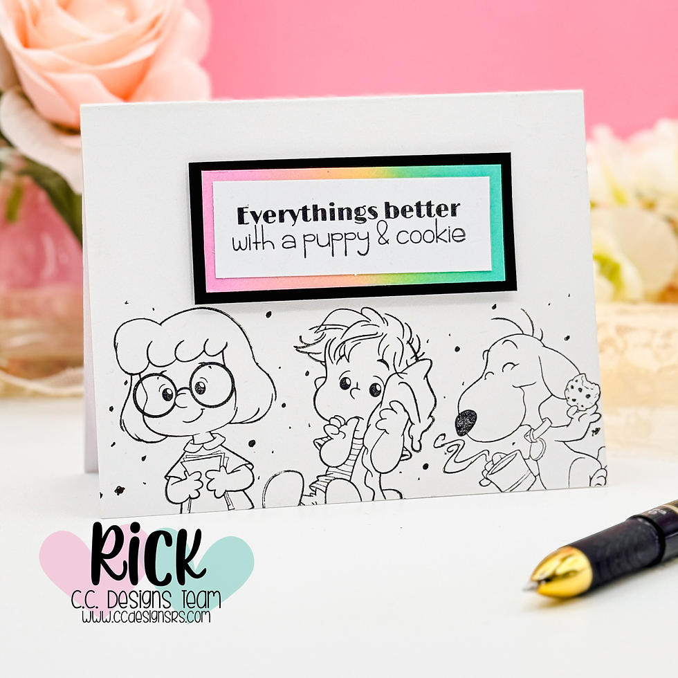 Greeting card with cartoon kids and a dog eating cookies. Text reads "Everything's better with a puppy & cookie." Pink background.