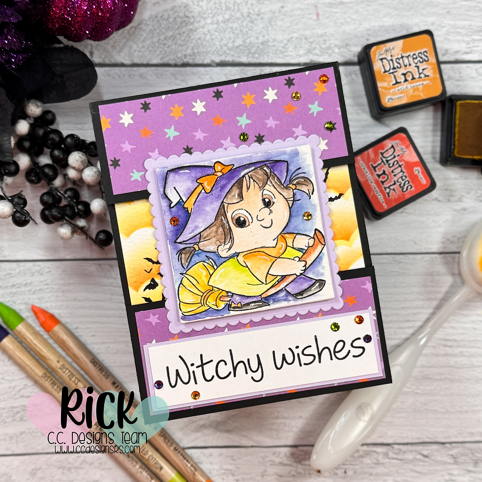 Cute witch illustration on a purple card with stars, surrounded by colorful pens and ink pads. Text reads "Witchy wishes."