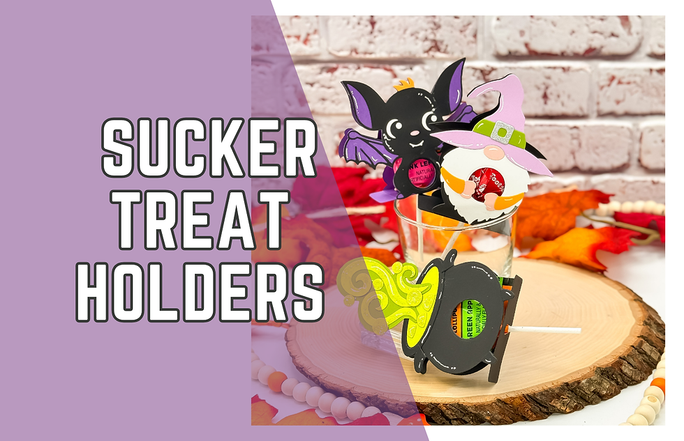 Three Halloween-themed sucker holders in a glass, featuring a bat, witch, and cauldron. Text on purple: "Sucker Treat Holders."