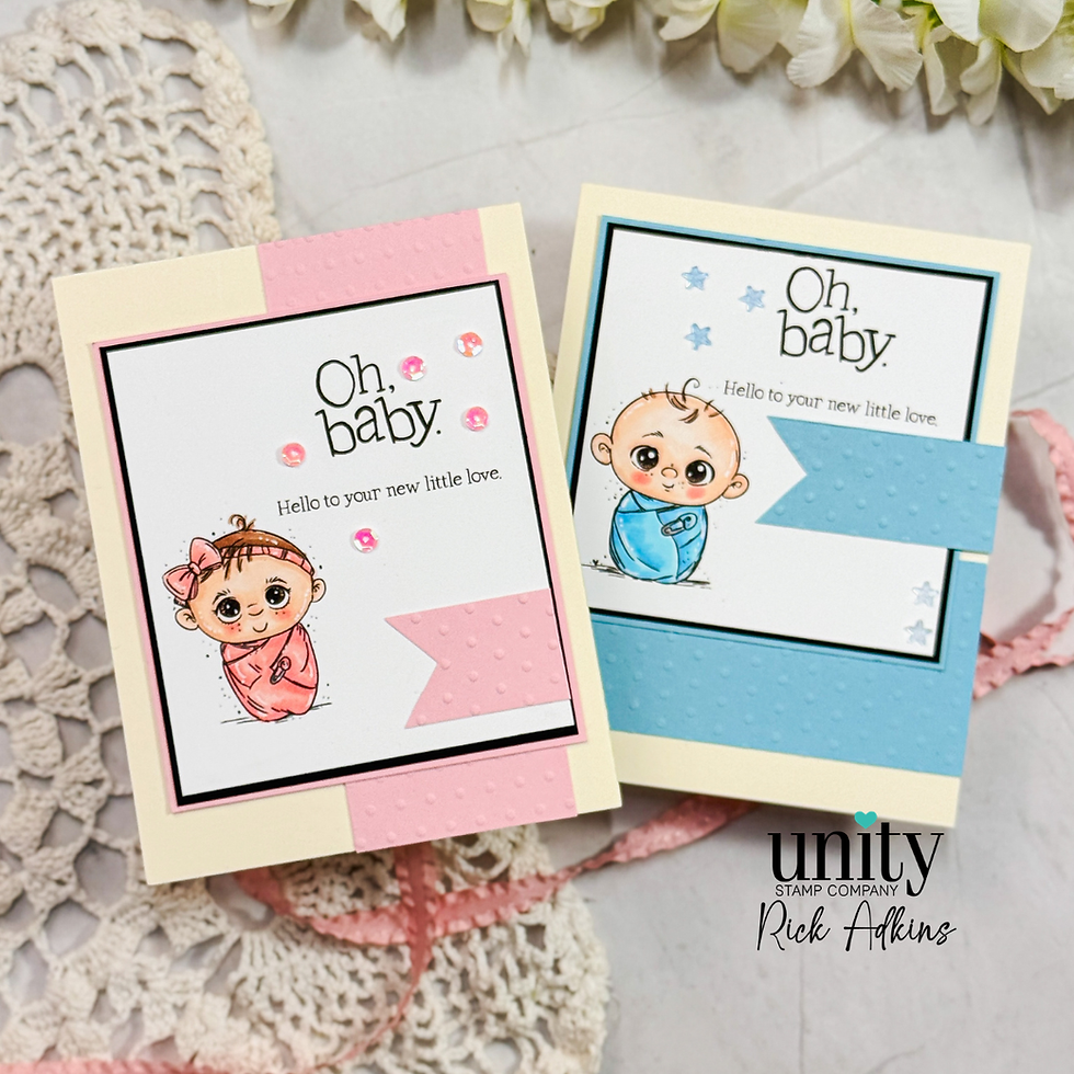 Two baby-themed cards, one pink with a girl, the other blue with a boy, text "Oh, baby. Hello to your new little love." Floral lace background.