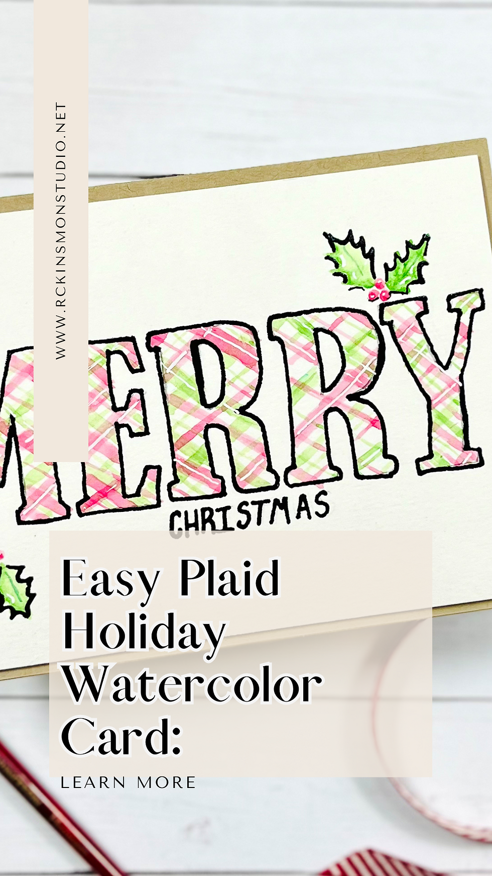 Merry Christmas Plaid Watercolor Card by Rick Adkins Pin