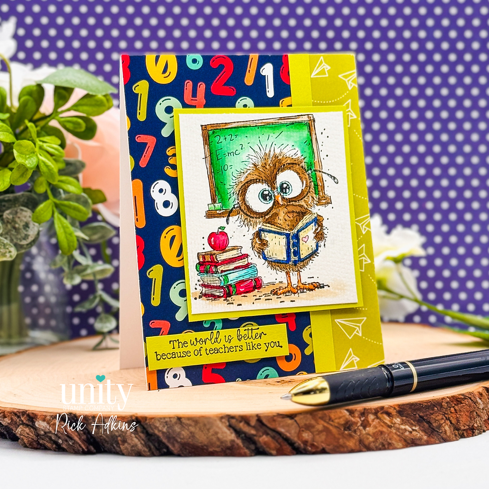 Handmade teacher thank-you card with owl reading, chalkboard, books and apple; reads The world is better because of teachers like you.